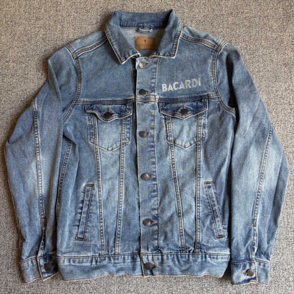 Bacardi Denim Jacket Small Blue Faded Logo Print Trucker Bat Graphic Spandex